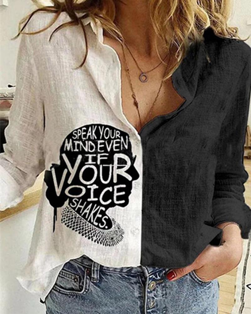 

Colorblock Long Sleeve Figure Print Button-up Women Blouse, Black