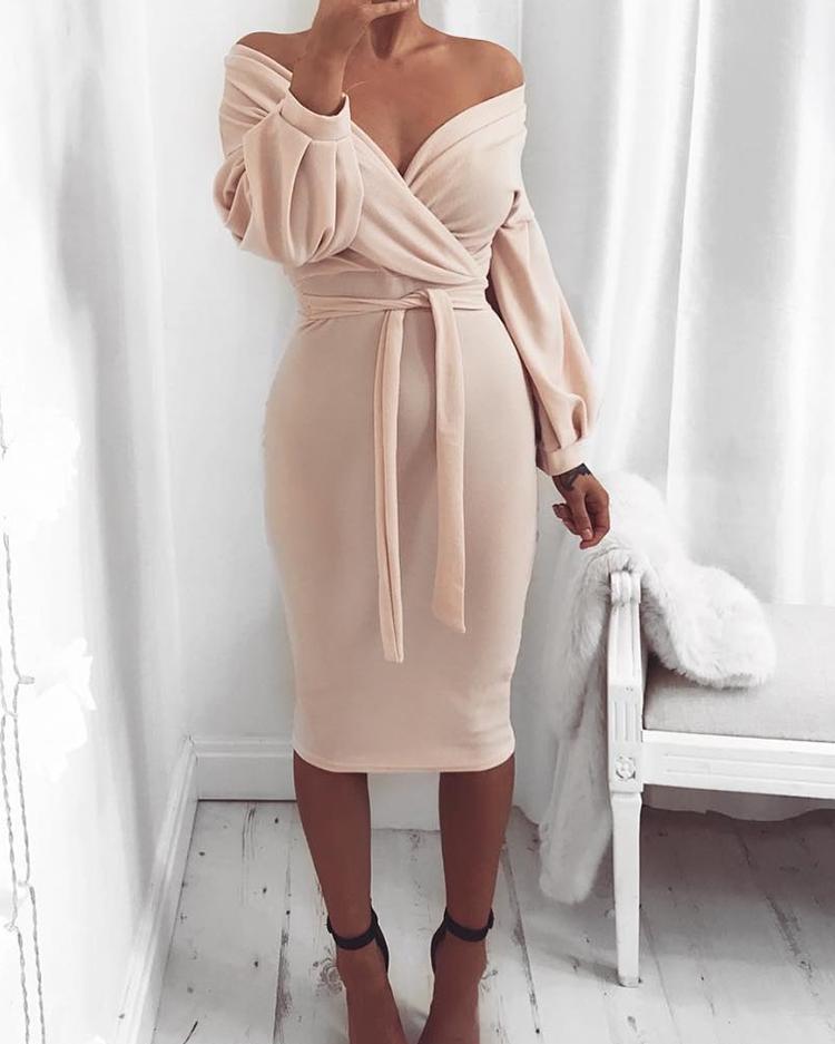 off shoulder twisted waist tie midi dress