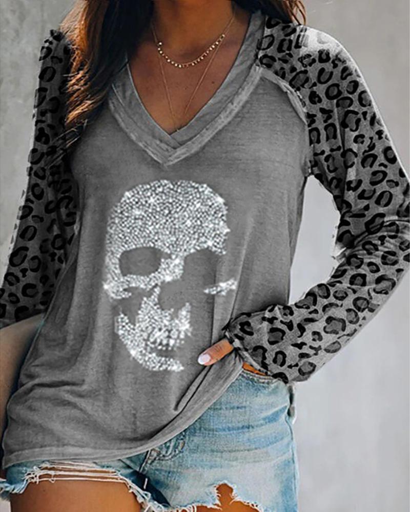 

Leopard Print Studded Long Sleeve Casual T-shirt, Gray