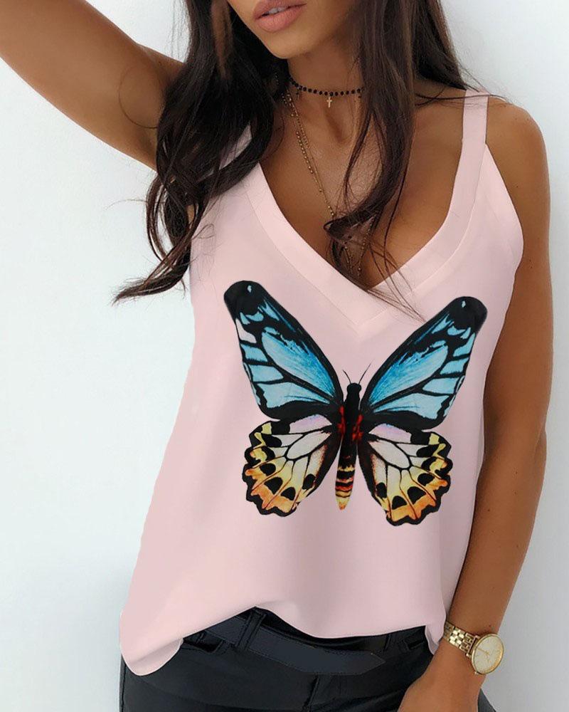 

Buttefly Print V Neck Tank Top, Pink