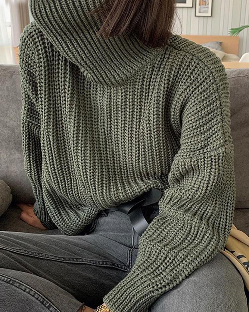 

High Neck Long Sleeve Casual Knit Sweater, Army green
