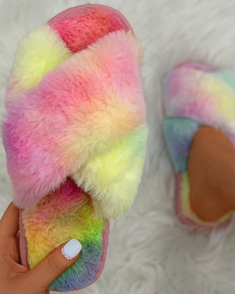 

Plain / Colorblock Bandage Fluffy Slippers, Multicolor