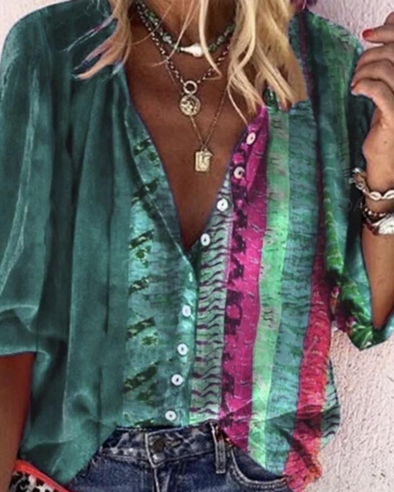 

All Over Print Button Design Long Sleeve Shirt, Green