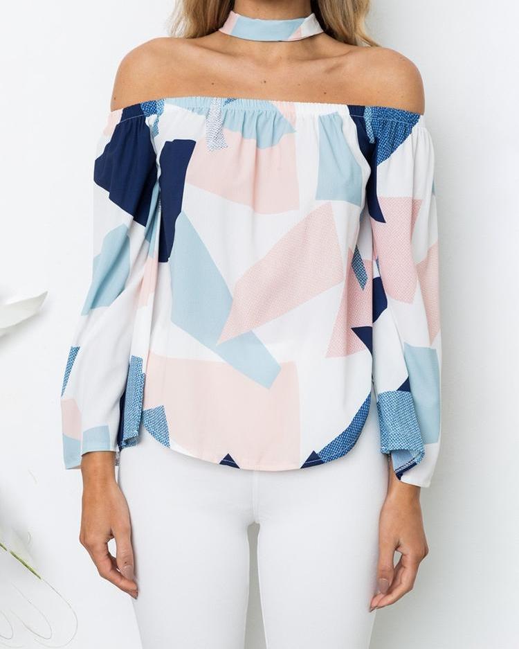 

Digital Print Choker Off Shoulder Bell Sleeve Blouse, Blue