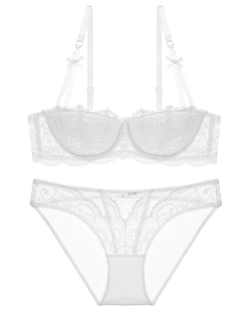 

Bowknot Detail Spaghetti Strap Sheer Mesh Bra Set, White