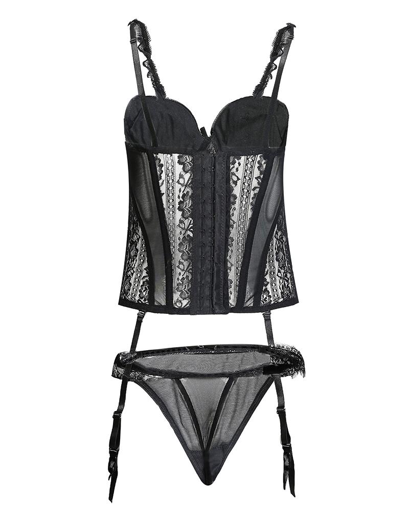 

Floral Pattern Lace Strap Babydoll With Thong, Black