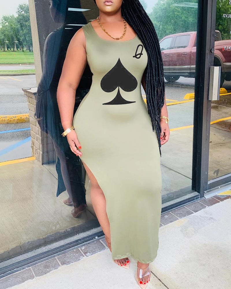

Poker Print Sleeveless Slit Maxi Dress, Green