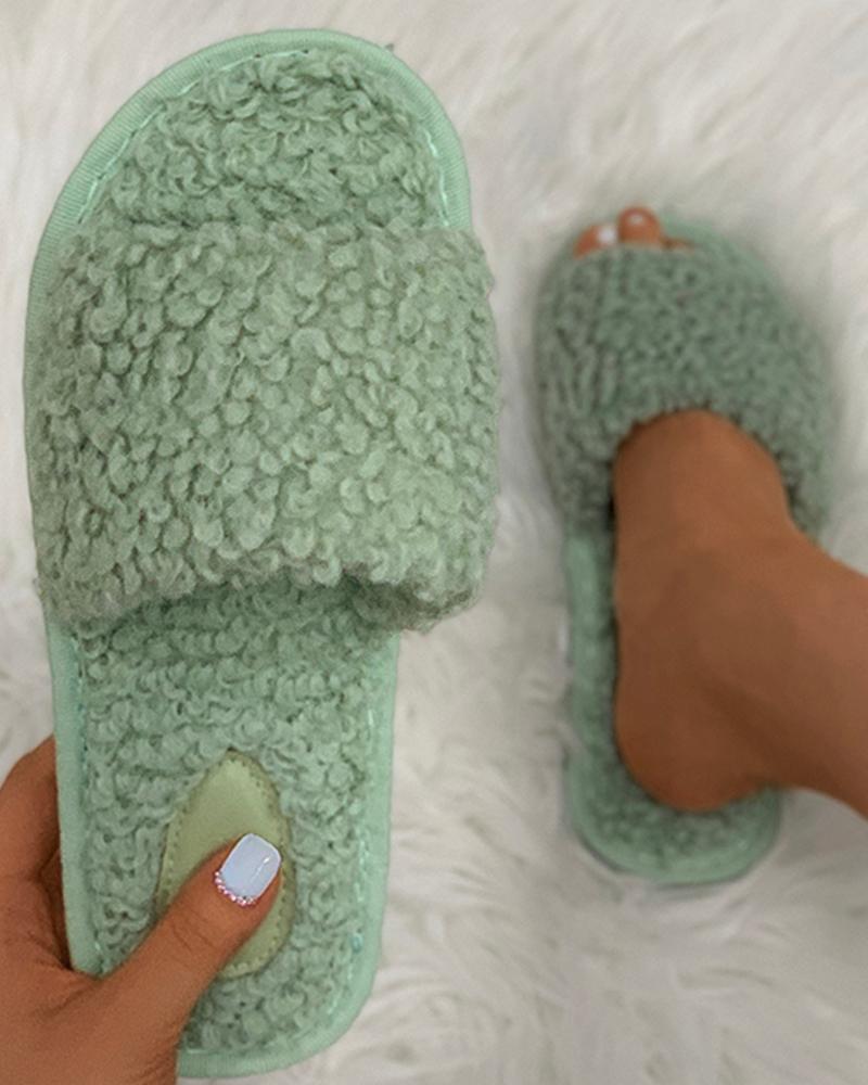 

Plain Fluffy Open Toe Slippers, Green