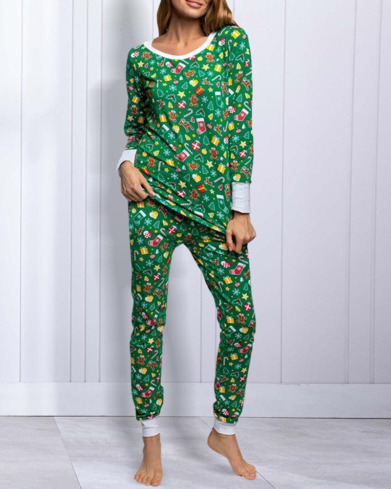 

Christmas Mixed Print Long Sleeve Pajama Set, Green