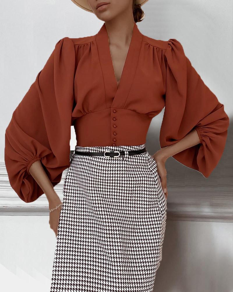 

Plain Lantern Sleeve Button Blouse, Brown