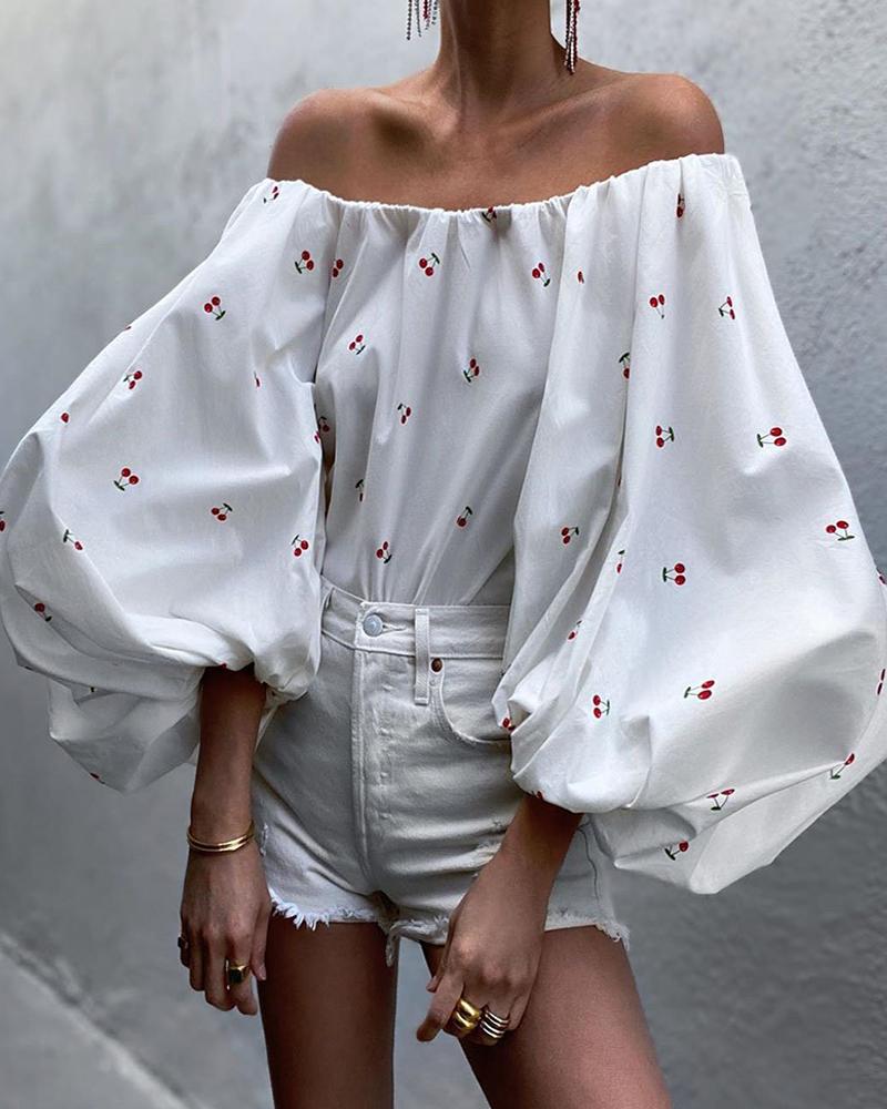 

Off Shoulder Cherry Print Lantern Sleeve Top, White