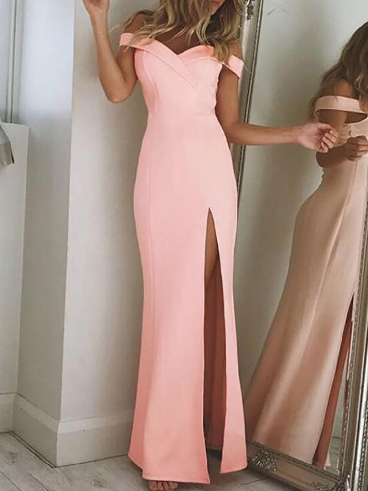 

Off Shoulder Thigh Slit Evening Dress, Pink