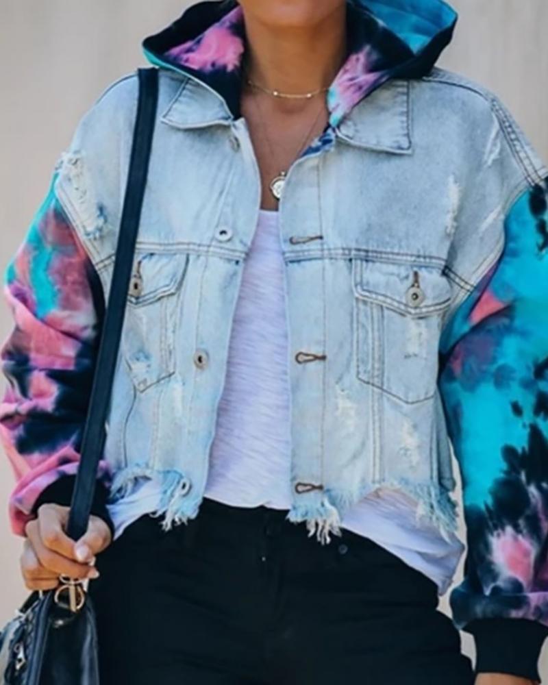 

Tie Dye Print Ripped Hooded Denim Coat, Blue