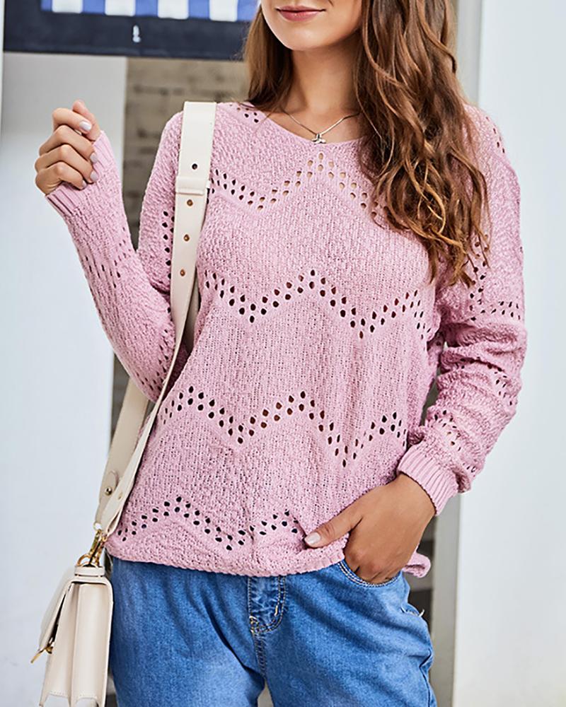 

Plian Hollow Out Long Sleeve Knit Sweater, Pink