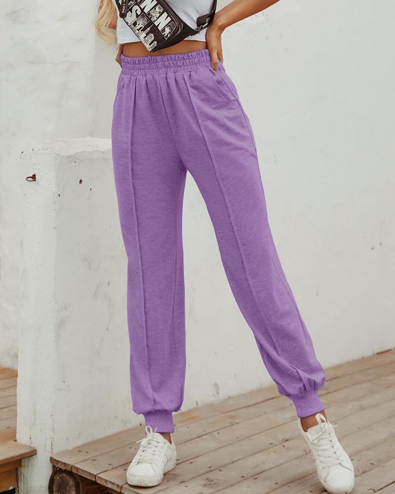 

Elastic Waist Casual Cuffed Pants, Purple