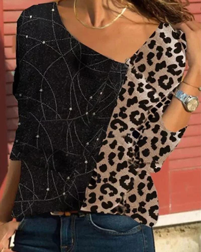 

Splicing Leopard Long Sleeve Shirt, Coffee