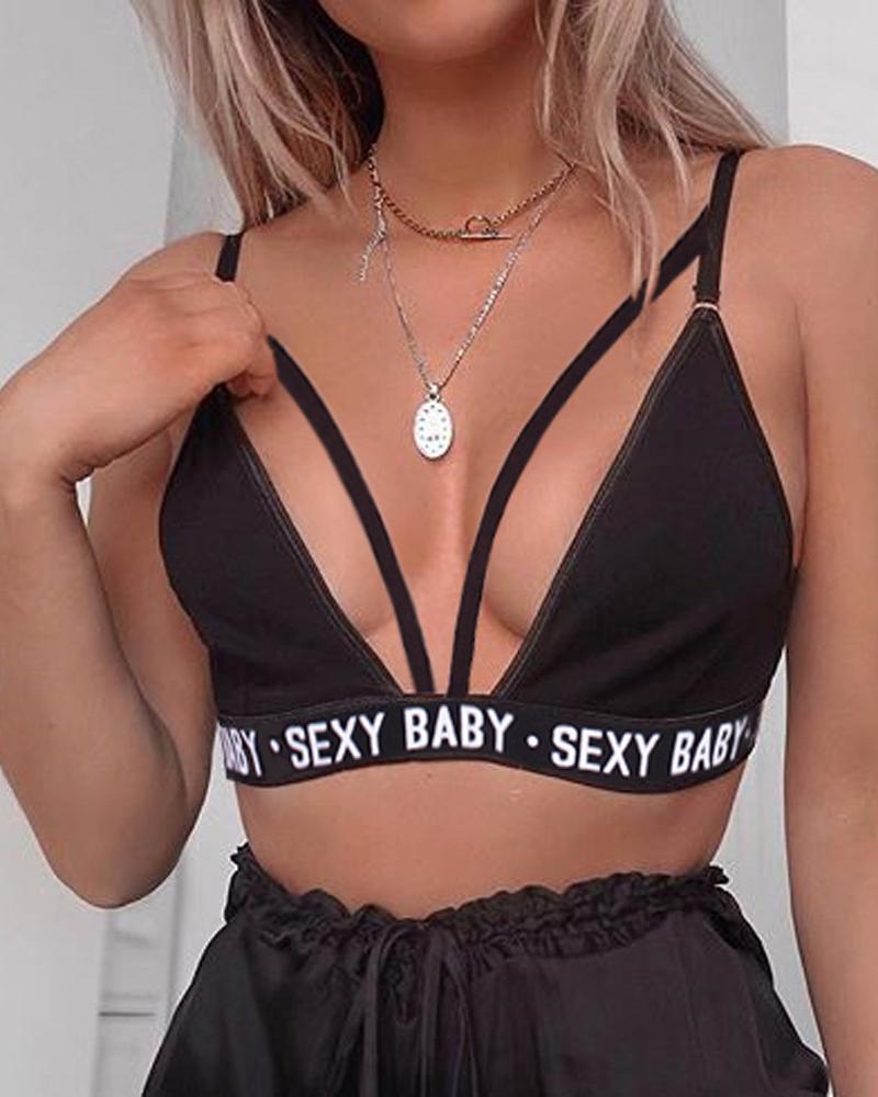 

Letter Strap Cutout Push Up Bra Tank Top Sport Unlined Bralette, Black