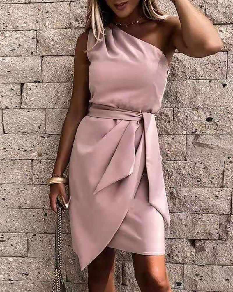 

One Shoulder Tied Detail Irregular Casual Dress, Pink