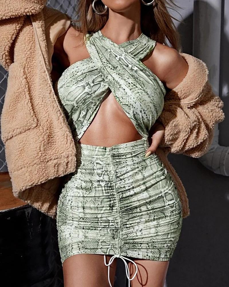

Snakeskin Drawstring Ruched Crisscross Backless Bodycon Dress, Green
