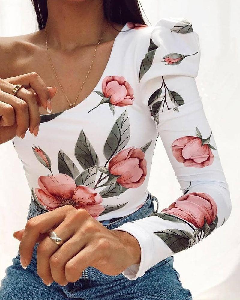

Floral Print One Shoulder Long Sleeve Top, White