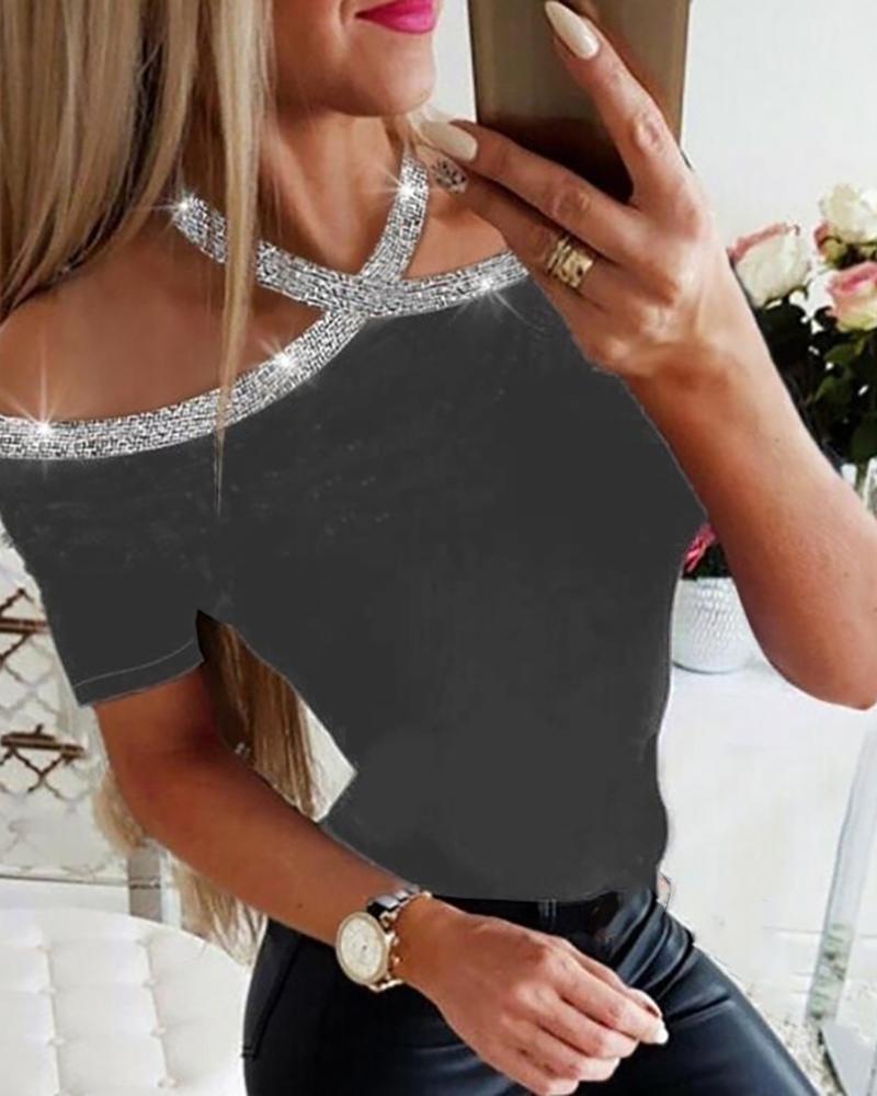 

Rhinestone Details Halterneck Short Sleeve Blouse, Gray