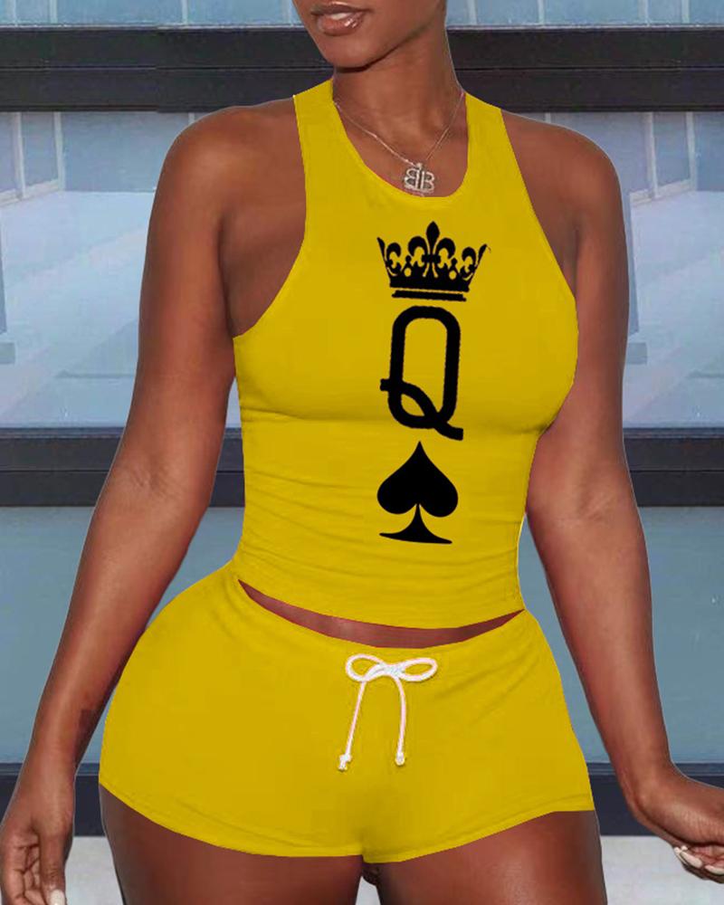 

Poker Print Sleeveless Cropped Top With Short Pants Active Sets, Yellow
