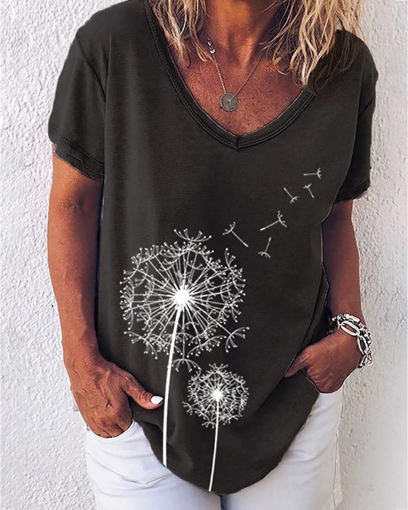 

Flower Print V-neck Short Sleeve Casual T-shirt, Black