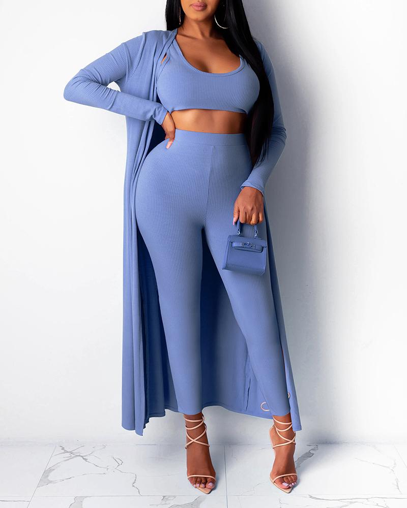 

Plain Crop Top & Longline Cardigan & High Waist Pants Set, Blue