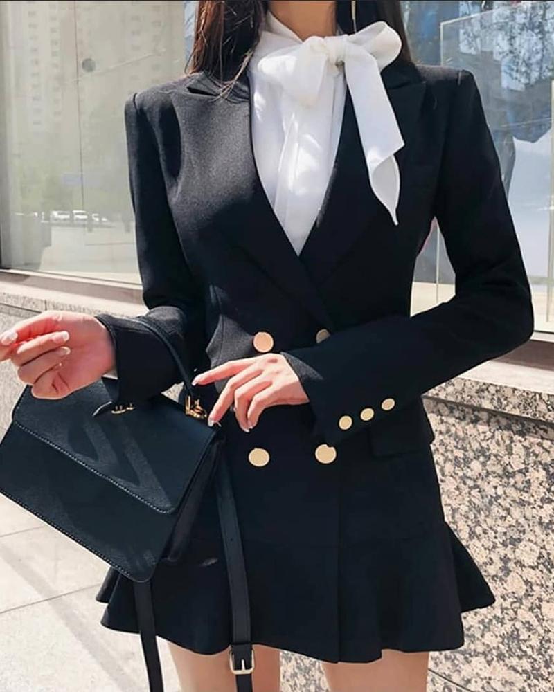 

Double Breasted Pocket Design Ruffles Blazer Dress, Black