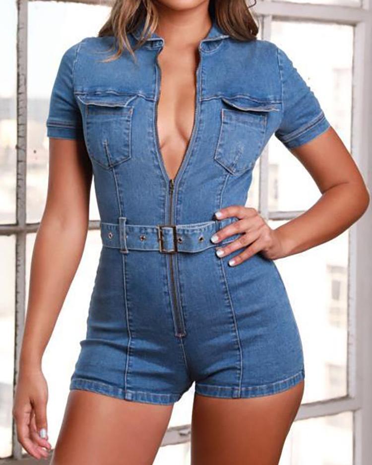 zip up denim romper