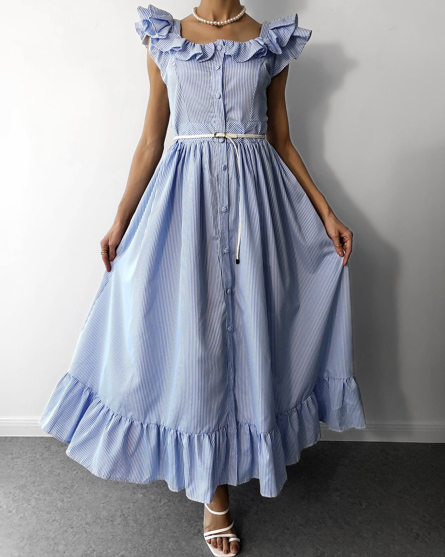 

Striped Colorblock Flutter Sleeve Ruffles Maxi Dress, Blue