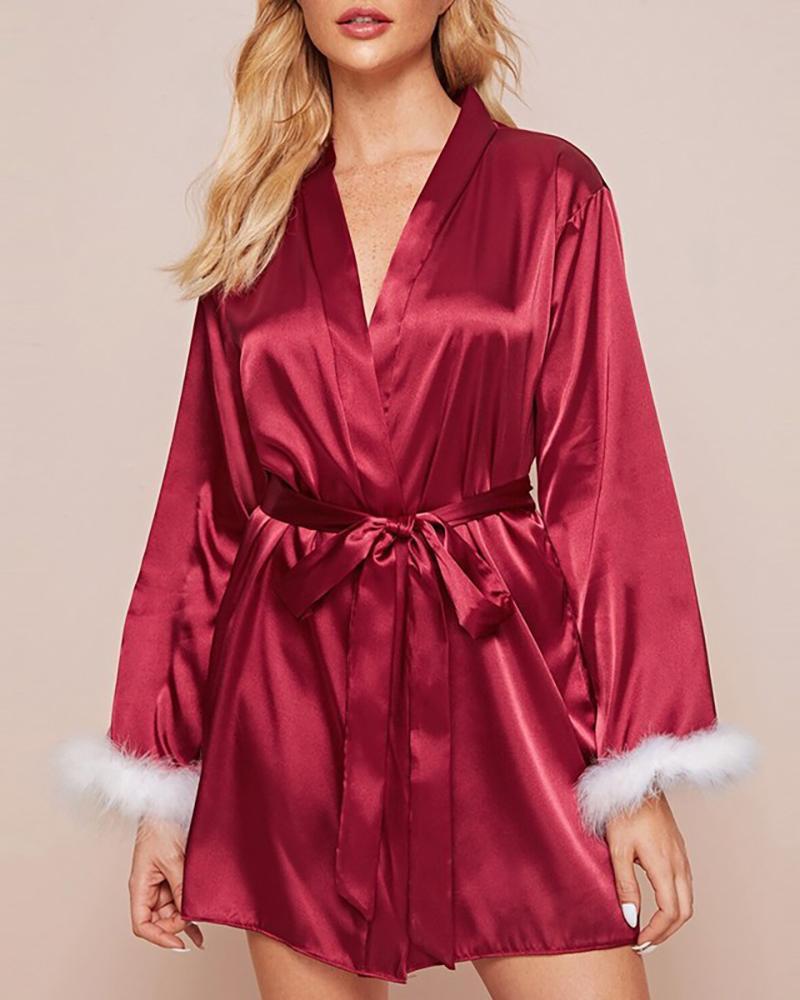 

Fluffy Trim Long Sleeve Satin Robe, Wine red