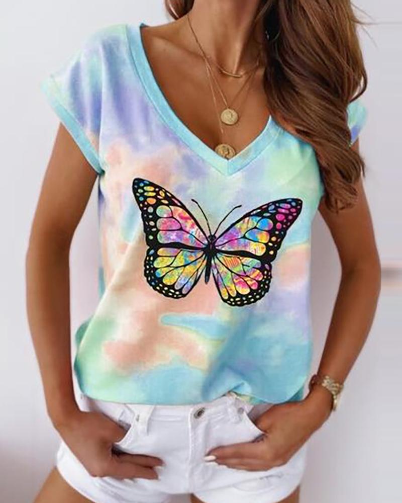 

Butterfly Tie Dye Print Short Sleeve Casual T-shirt, Light blue