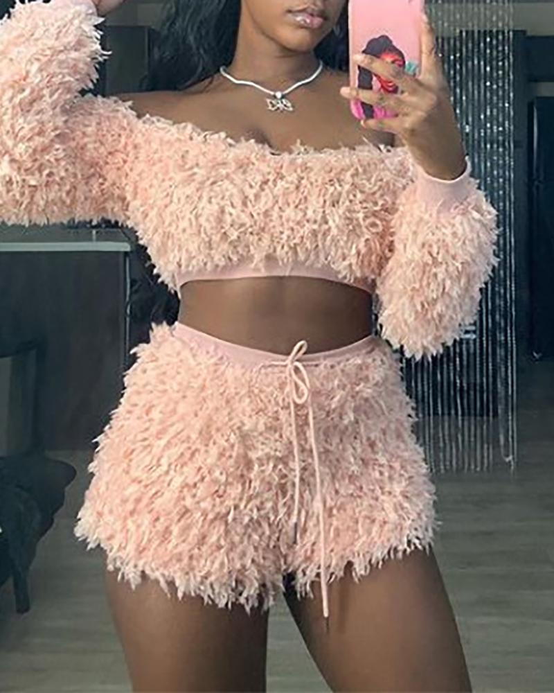 

Off Shoulder Fluffy Women Top & Drawstring Shorts Set, Pink