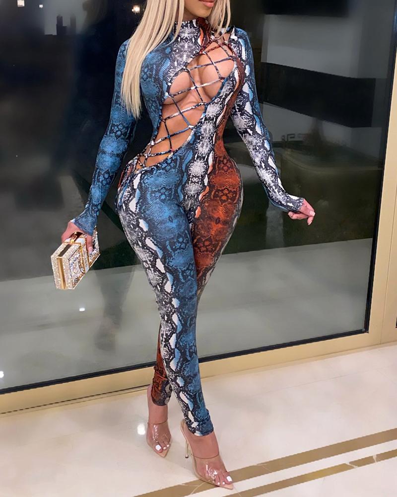 

Snakeskin Print Cutout Lace-up Skinny Jumpsuit, Dark blue