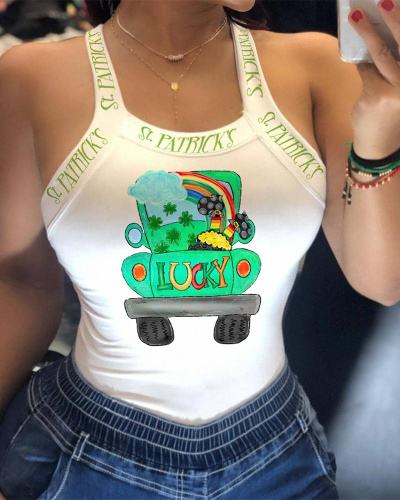 

St. Patrick' Day Cartoon Car Print Sling Tank, White