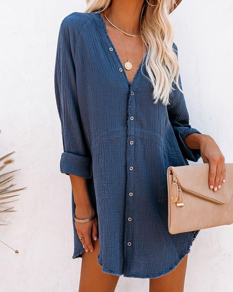 

Button Design Long Sleeve Casual Shirt, Blue