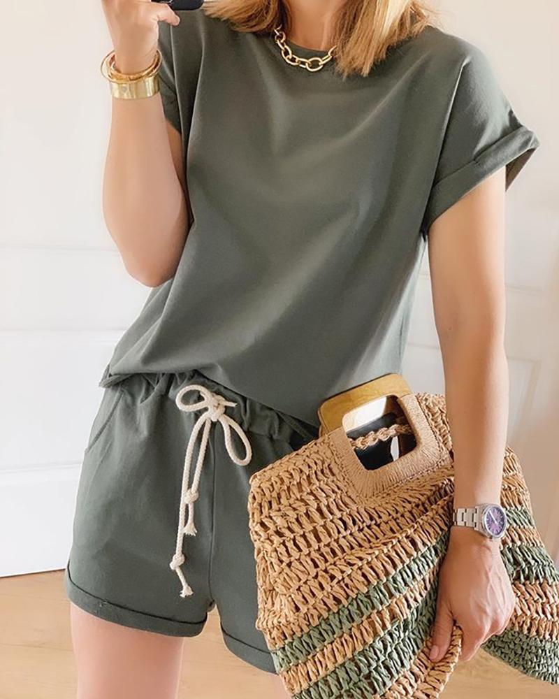 

Rolled Hem Short Sleeve T-shirt & Drawstring Shorts Set, Green
