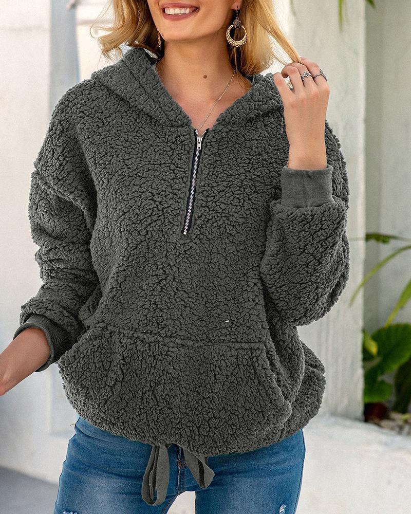 

Zip Pocket Design Hooded Teddy Top, Gray