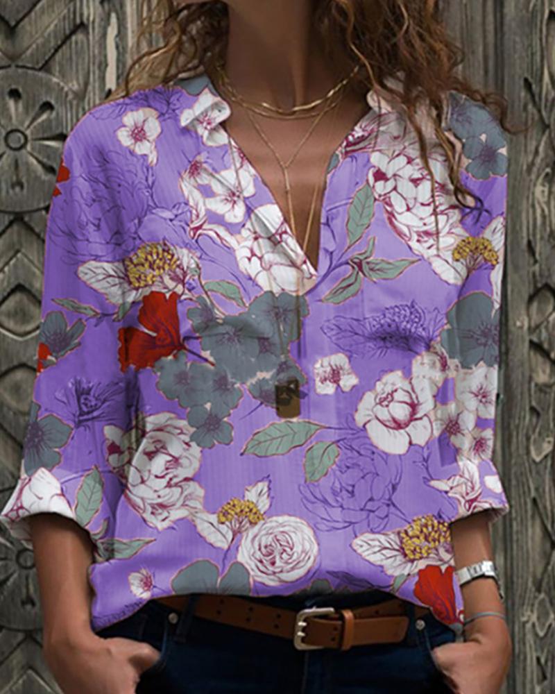 

Blooming Floral Print Long Sleeve Shirt, Purple