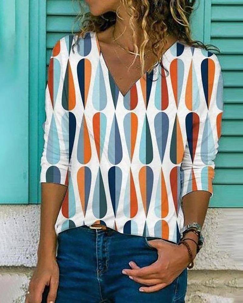

V Neck Long Sleeve Abstract Print Top, White