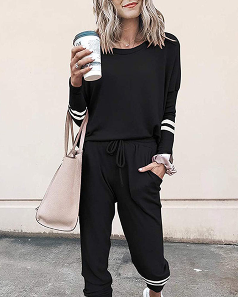 

Solid Long Sleeve T-shirt With Pants Suit Sets, Black