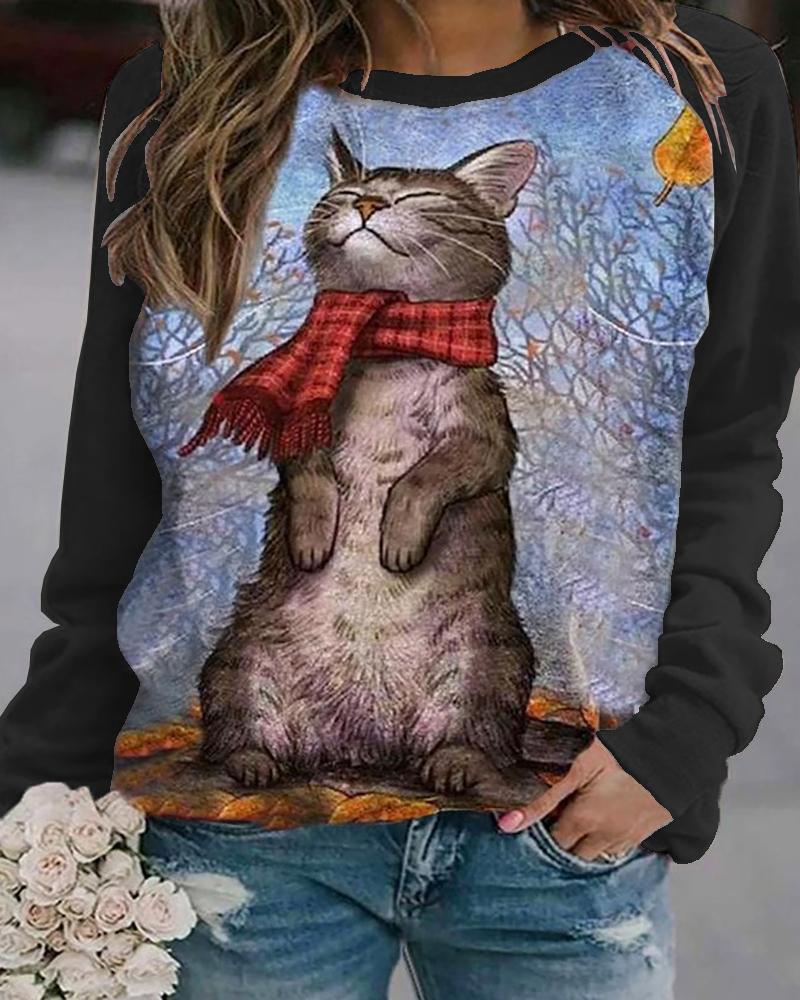 

Cat Graphic Print Long Sleeve Top, Black