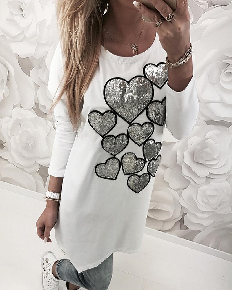 

Heart Sequins Longline Casual Sweatshirt, White