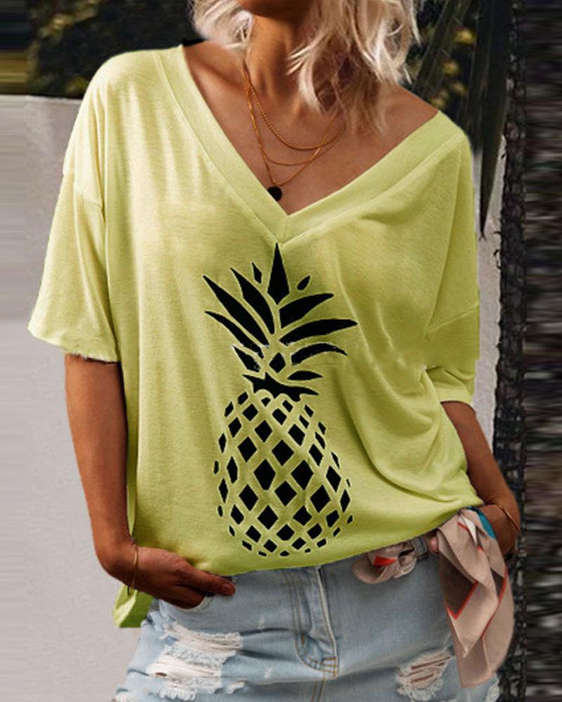 

Print V Neck Loose T-shirt Top, Yellow