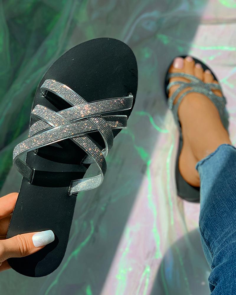

Crisscross Open Toe Rhinestone Flat Sliders, Black