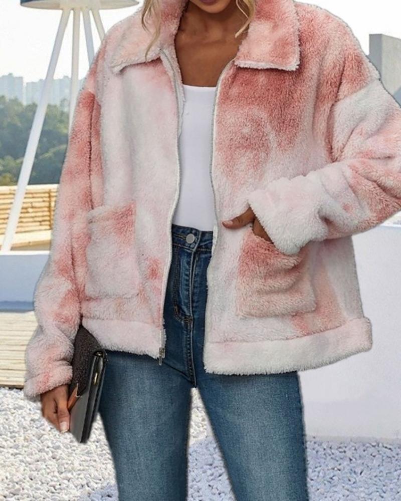 

Tie Dye Print Zip Pocket Design Teddy Coat, Pink