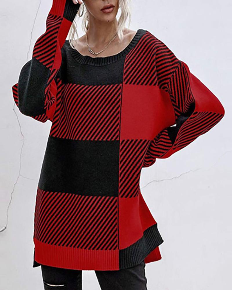 

Plaid Long Sleeve Knit Sweater, Red