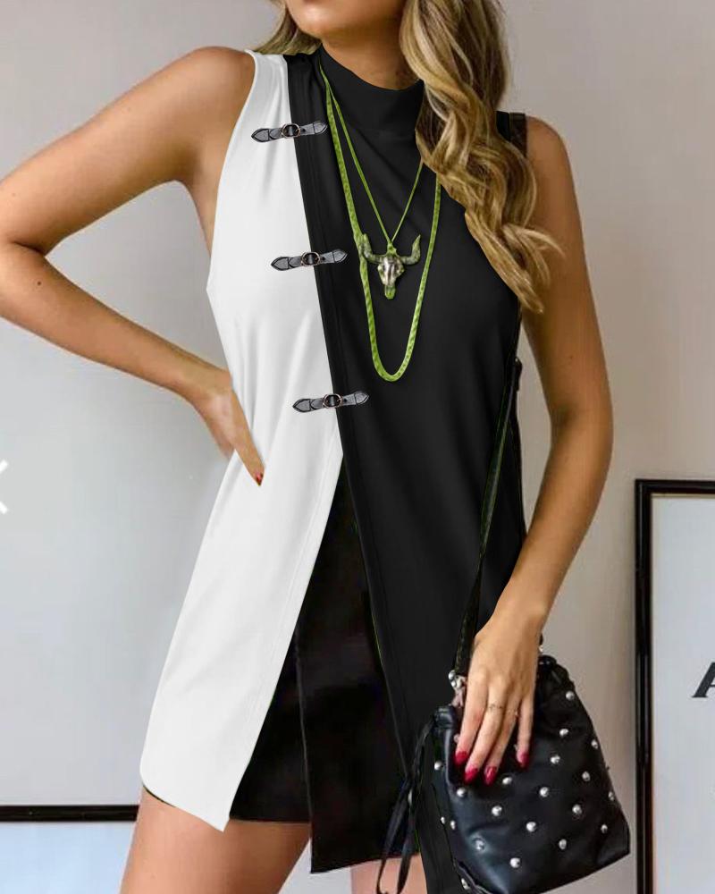 

Colorblock Buckled Sleeveless Wrap High Neck Top, Black