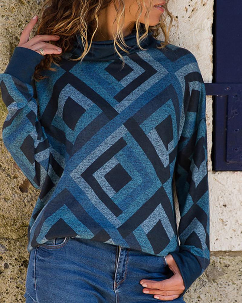 

Geometric Pattern Mock Neck Long Sleeve Sweatshirt, Blue